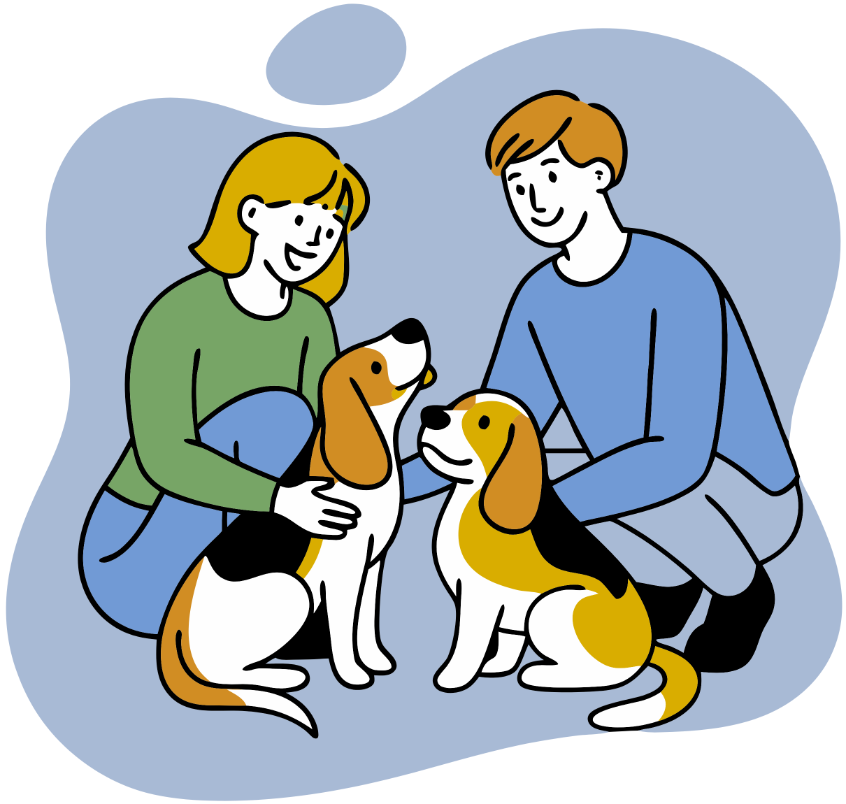 alex and casey playing with their two beagles illustration