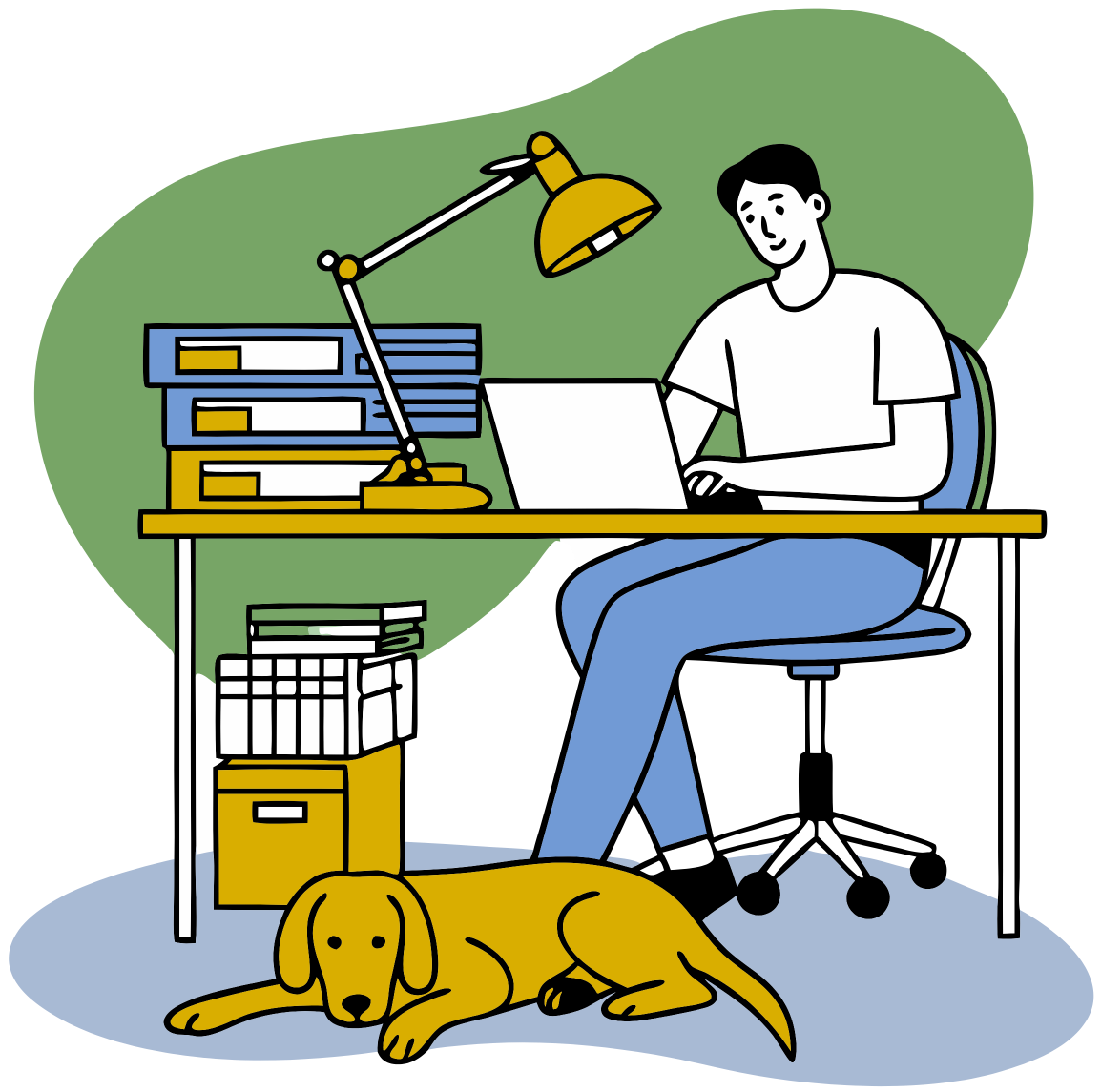 dog owner reviewing our trusted rating system on computer illustration