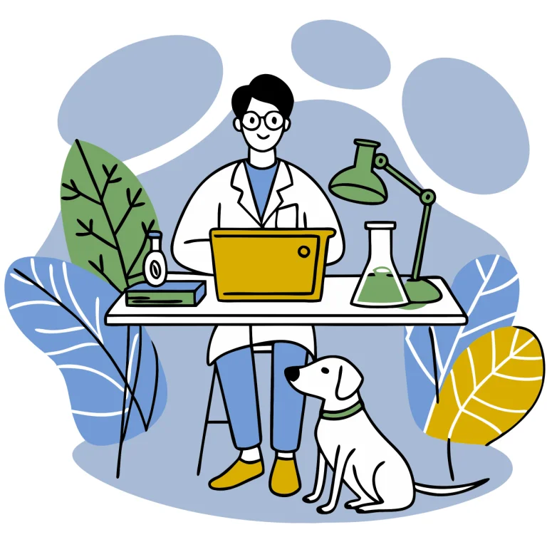 dog supplement review researcher with dog lab illustration