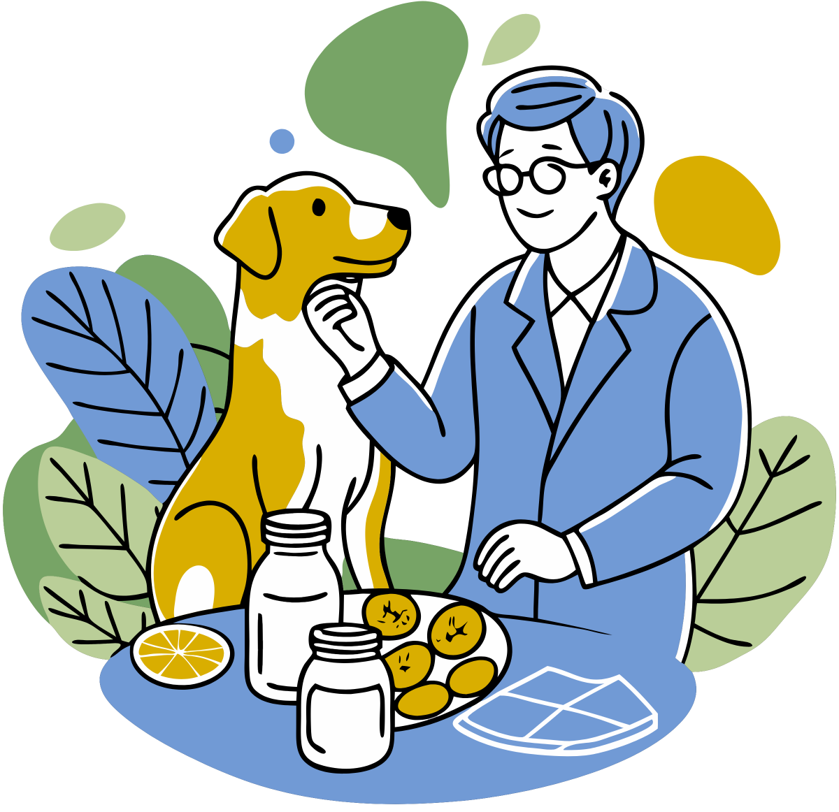 happy dog and scientist testing dog supplements illustration