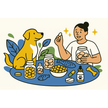 owner giving dog multivitamin to dog illustration