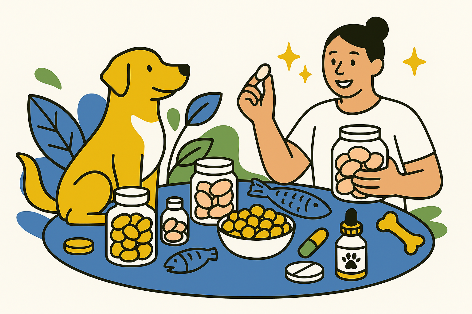 owner giving dog multivitamin to dog illustration