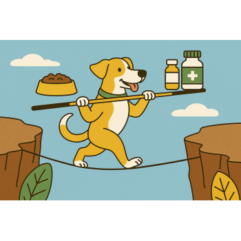 avoiding over-supplementation dog balancing supplements on tightrope illustration