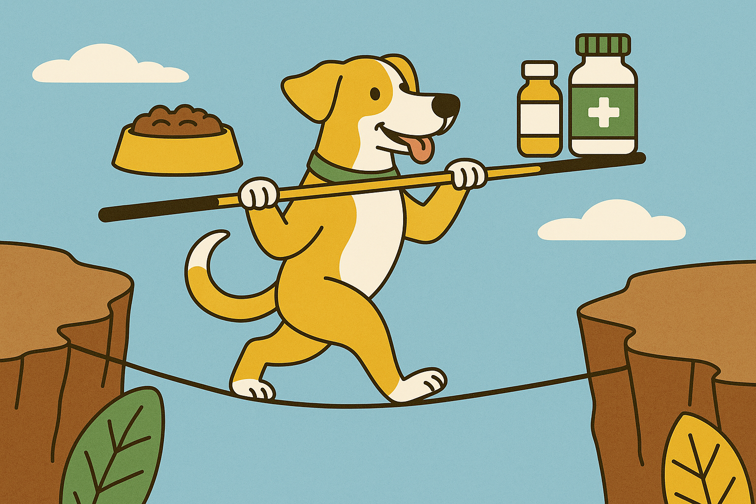 avoiding over-supplementation dog balancing supplements on tightrope illustration