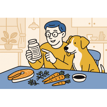 dog owner reading dog supplement labels at home