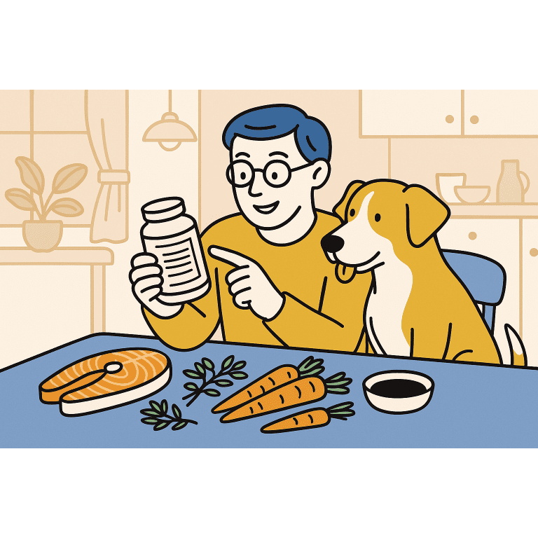 dog owner reading dog supplement labels at home