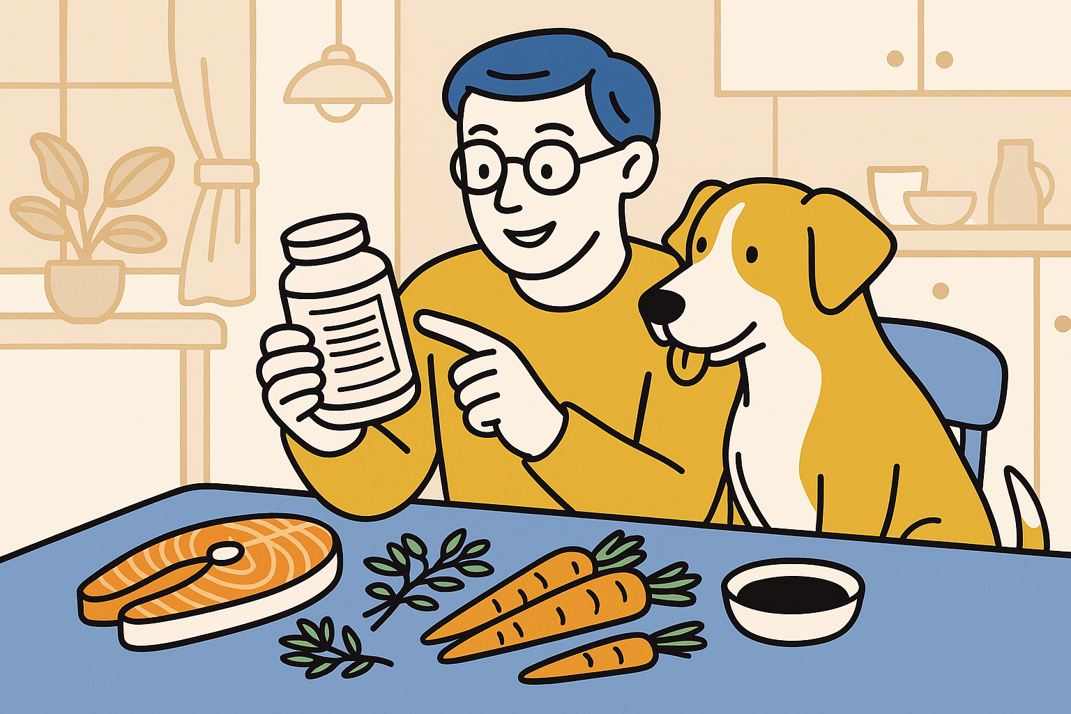 dog owner reading dog supplement labels at home